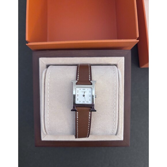 Hermes 21mm Stainless Steel And Natural Barenia Leather Here H PM Quartz Watch - Picture 1 of 16